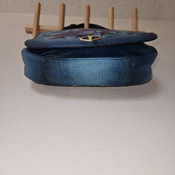Anuschka Hand Painted Leather Shoulder Bag Blue Floral Turnlock - Picture 16 of 16